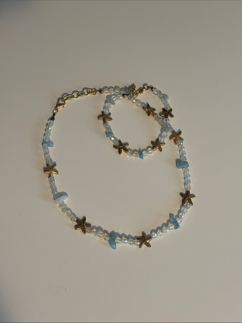Gold Starfish & Light Blue Bead Necklace and Bracelet Set